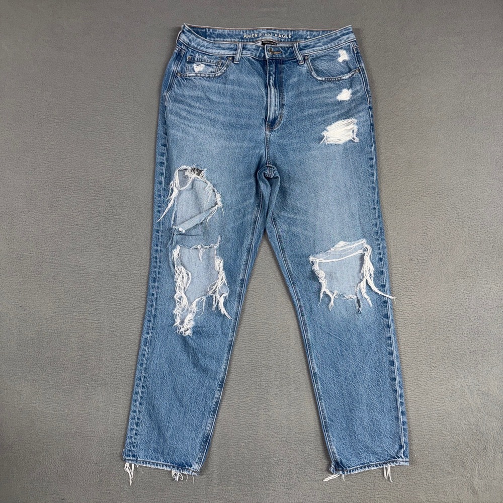 American Eagle Jeans Womens 12 Long Blue Mom Distressed High Rise Stretch Denim